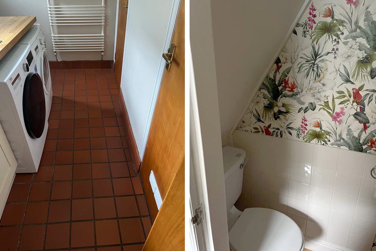 Utility room with Washing machine, tumble dryer, sink, as well as toilet.