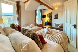 Room 4 – Twin setup with two plush beds and colourful feature wall.